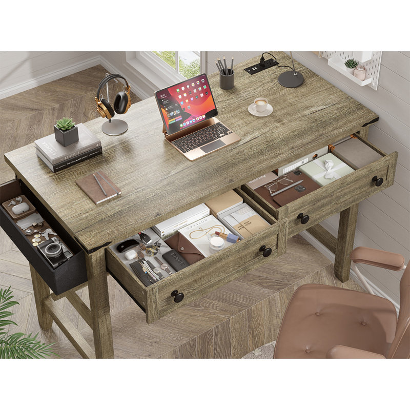 40" Small Desk With Power Outlets And USB,Rustic Farmhouse Computer Desk With Drawers & Side Storage,Writing Table For Home Office,Bedroom,Vanity