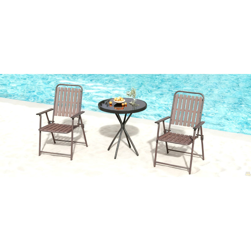3-Piece Outdoor Patio Furniture Set, Foldable Powder-Coated Metal Chair & Tempered Glass Side Table, Antique brown