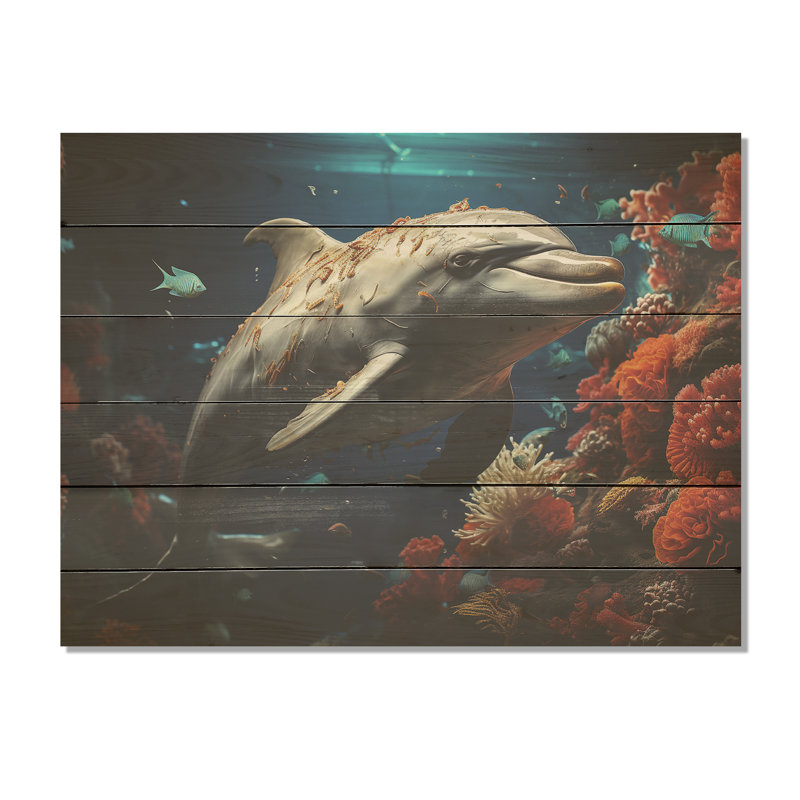 Dolphin Eternal Dance I - Dolphin Wood Wall Art On Natural Pine Wood, 10" H x 20" W