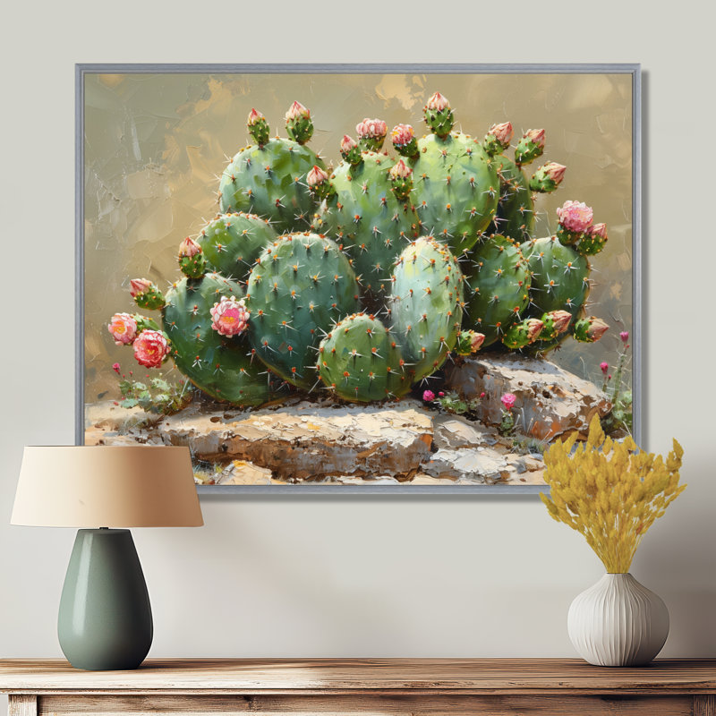 Décoration florale cactus vert lueur rose I - Cactus floral, Toile argentée avec cadre flottant, H 24 po x l 32 po x P 1 po