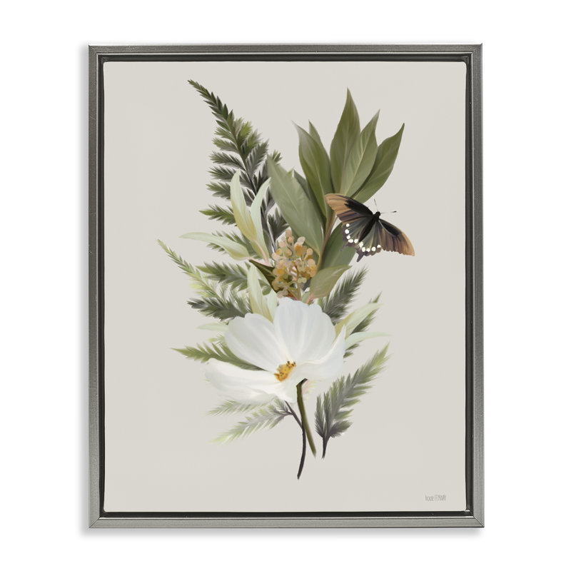 Cadre flottant fleur brins de fleurs et papillons, design House Fenway, H 21 po x l 17 po, Cadre flottant gris lustré