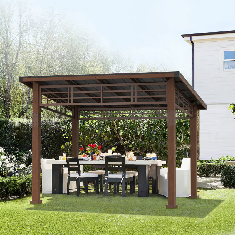 LUE BONA Hardtop Gazebo, Outdoor Pergola Metal Roof Gazebo With Wooden Frame, Patio Gazebo Canopy With Curtains, Permanent Pavilion Grill Gazebo For Backyard, Garden Brown