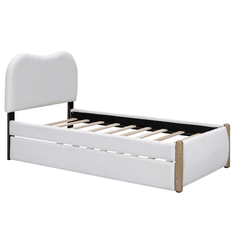 Lit plateforme simple tapissier avec pieds de support en bois et lit gigogne simple, blanc, Blanc