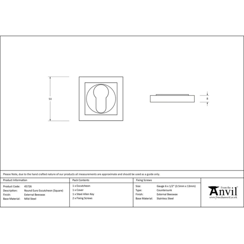 Concealed, Square Euro Escutcheon Door Accessory, External Beeswax