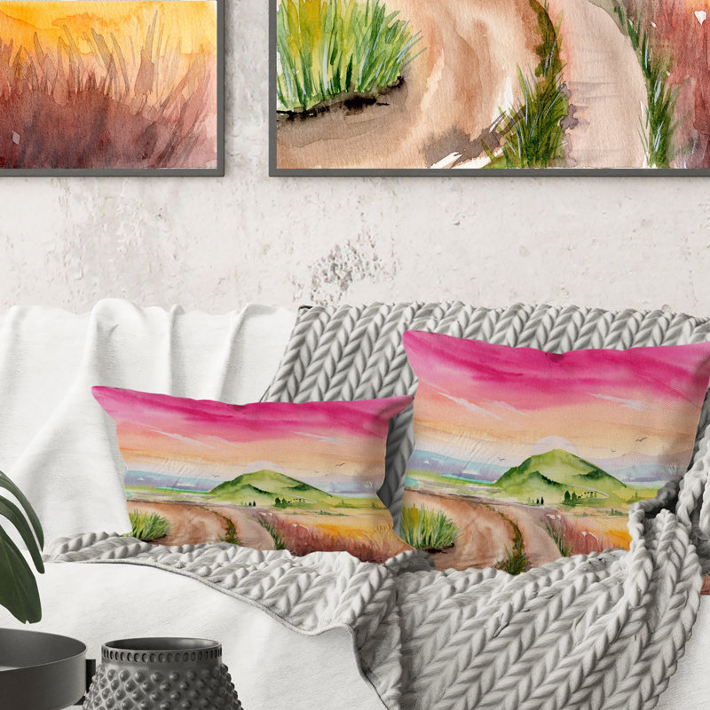 Paysage avec champ d'herbe et ciel rose - Coussin 1