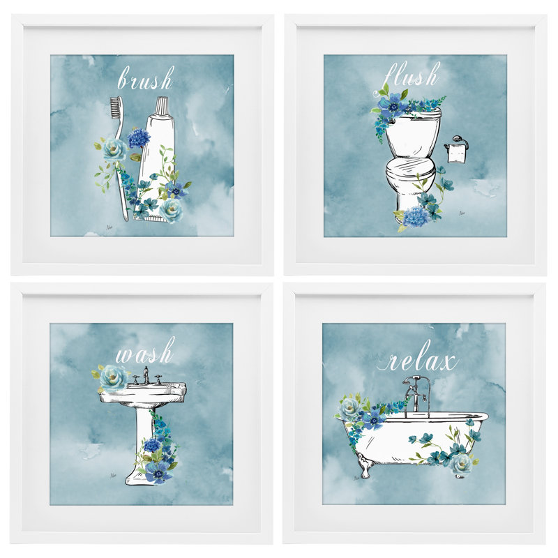 «Blue Floral Bathroom Rules», ensemble de 4 impressions encadrées sous verre, design par Nan, 13 x 13