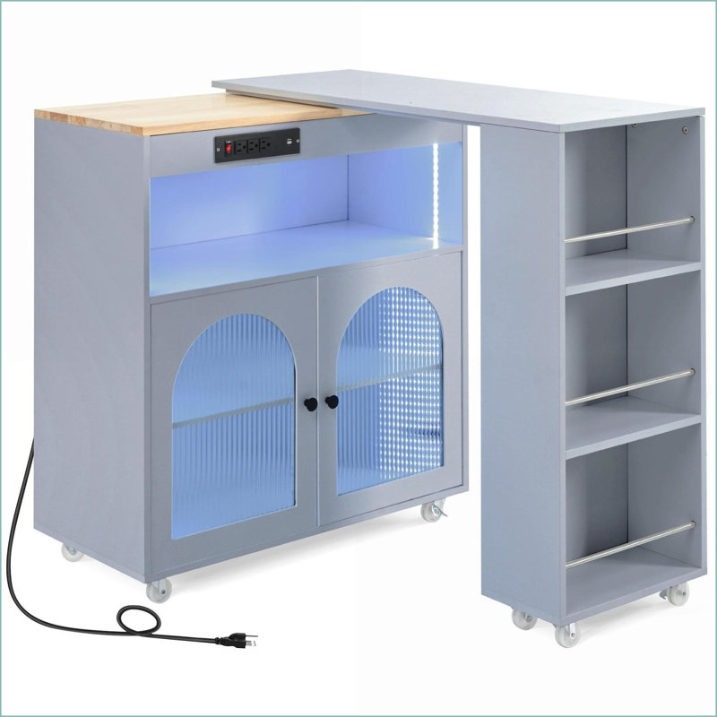 Kitchen Island on Wheels with Extended Table, LED Lights, Storage &amp; Outlets, Gray | MDF | Modern, Light BLue