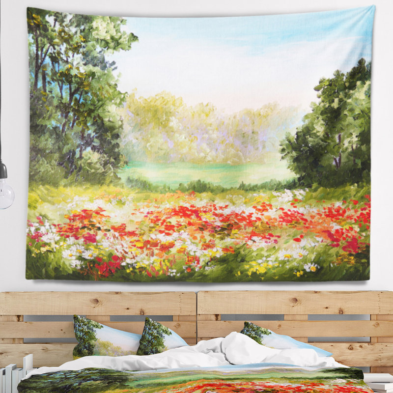 Champ de pavot de paysage avec tapisserie du ciel, H 32 po x l 39 po
