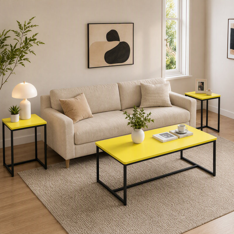 Ensemble de table basse et table de bout en fibre de carbone 3 pièces, Jaune