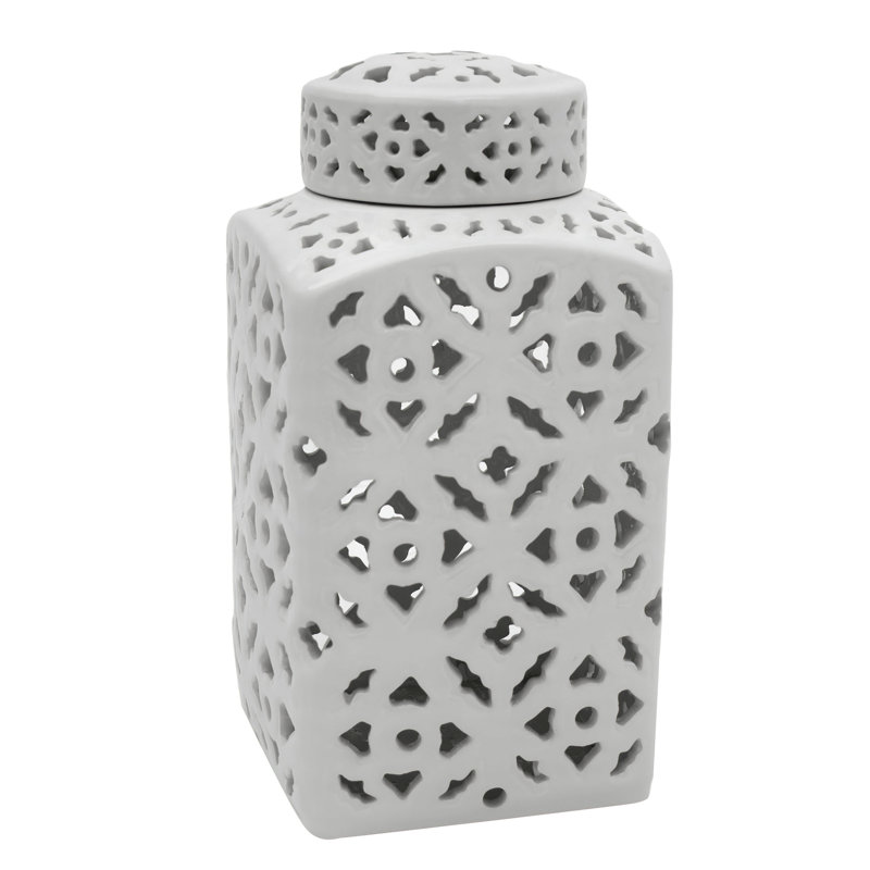 12" Antique White Carved Square Ginger Jar