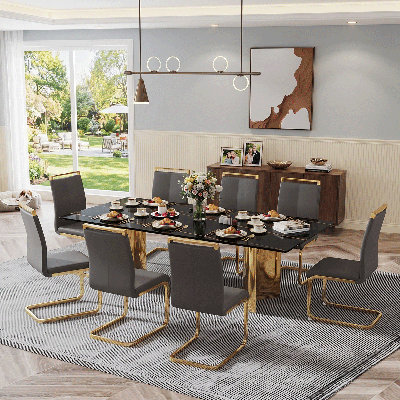 Ensemble de table de salle à manger rectangulaire de 71 po pour 8 personnes comprenant un plateau en faux marbre et des chaises en similicuir. Cet ensemble de salle à manger de 9 pièces convient aux maisons, aux restaurants et aux bureaux.