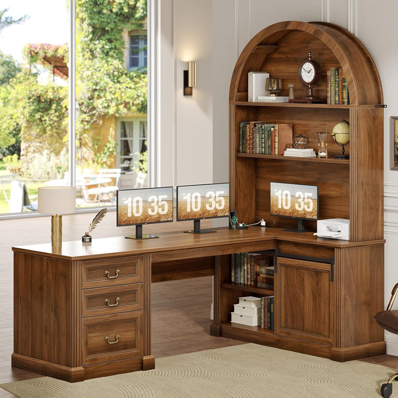 Bureau en forme de L 67 po avec grande bibliothèque arquée, Brun