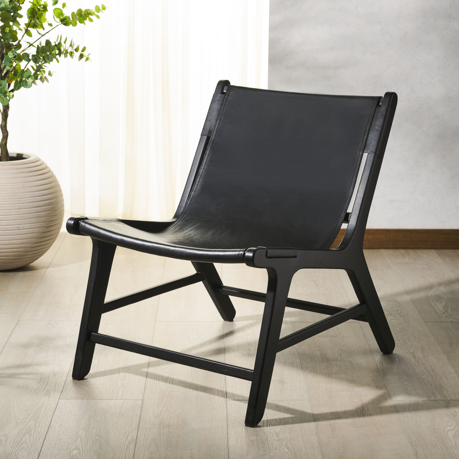  Teak Genuine Leather Armchair, Black Leather, Black