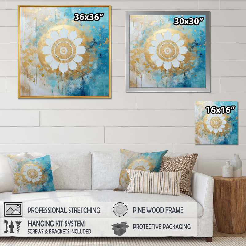 Divine mandala délicat or doux turquoise I sur toile, H 30 po x l 30 po x P 1 po, Cadre flottant doré