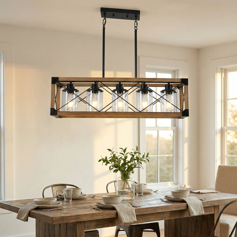 Adjustable 5-Light Farmhouse Rustic Linear Pendant Light Walnut, No, Walnut
