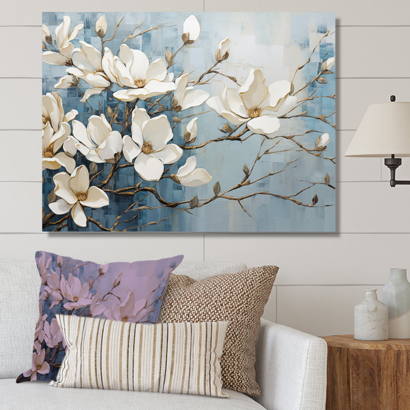 «Blue and Gold Painted Magnolias VI», art mural sur toile Magnolias, Toile tendue, H 16 po x l 32 po, Sans cadre