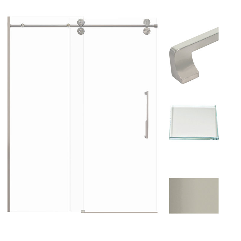 Porte de douche de grange coulissante sans cadre, verre de fer de 3/8 po de bas, 59 po de large x 80 po de haut, par Transolide Teegan Plus
