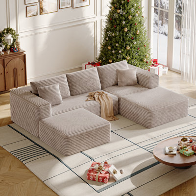 108” U Shaped Boneless Sectional Cloud Sofa Couches For Living Room, Upholstered Deep Seat Sectional Sofa With 2 Ottoman, Comfort Modular Sectional Sofa Couches For Living Room Bedroom（khaki）