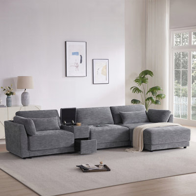 Canapé modulaire en L avec console de rangement multifonctionnelle, chargeur sans fil câblé, repose-pieds mobile, coussin plus épais, combinaison libre pour le salon, chenille