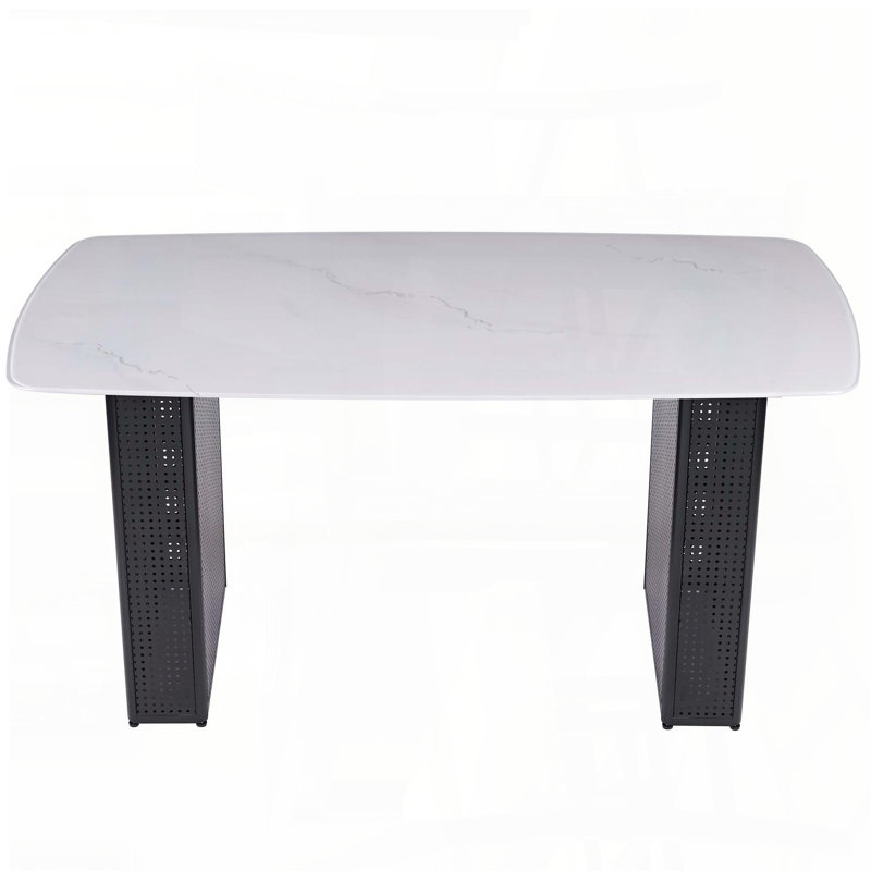 Rectangular Tempered Glass Dining Table with Marble Pattern and Black Dual-Pedestal Base, Black/White