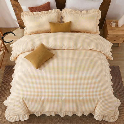 Yellow Gingham Duvet Cover Set Queen Size, 100% Cotton Ruffled Bedding Set with Zipper & Corner Tie, Soft Cottagecore Bedding for Girls Women