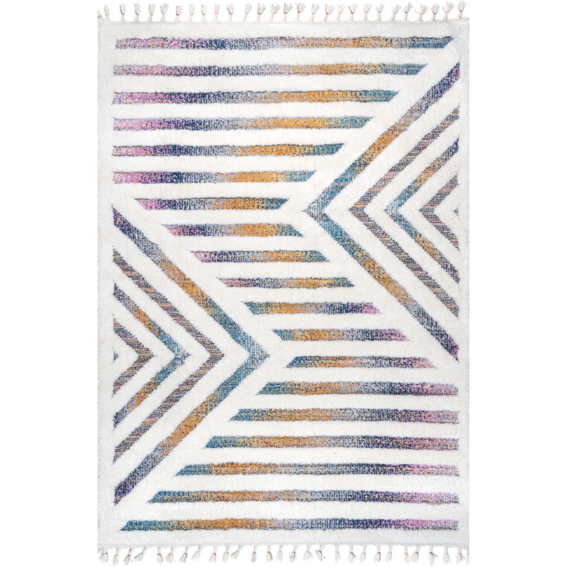 Kaira Rippled Geometric Ivory/ Multi Tasseled Area Rug, Rectangle 4' x 6'7"