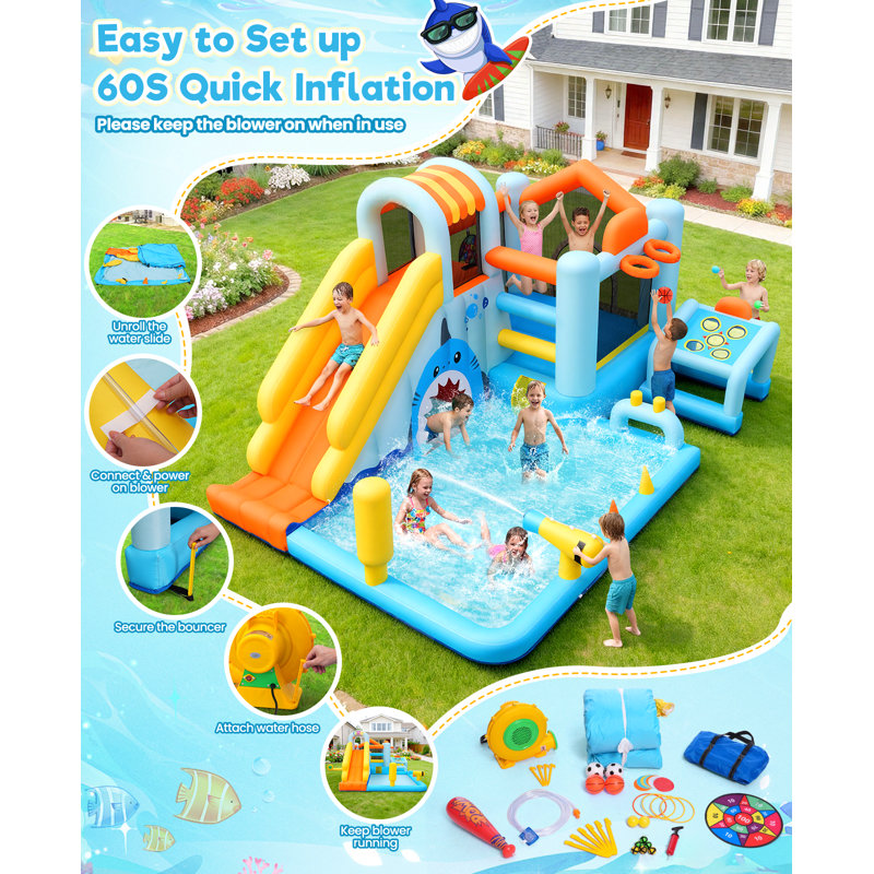 Inflatable Shark Theme Family Water Park Slide Combo With 60-Second Quick Setup