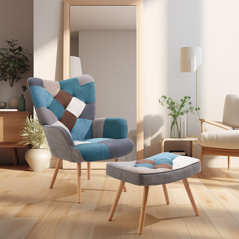 Nadeau Upholstered Accent Chair with Footstool, Grey/Blue