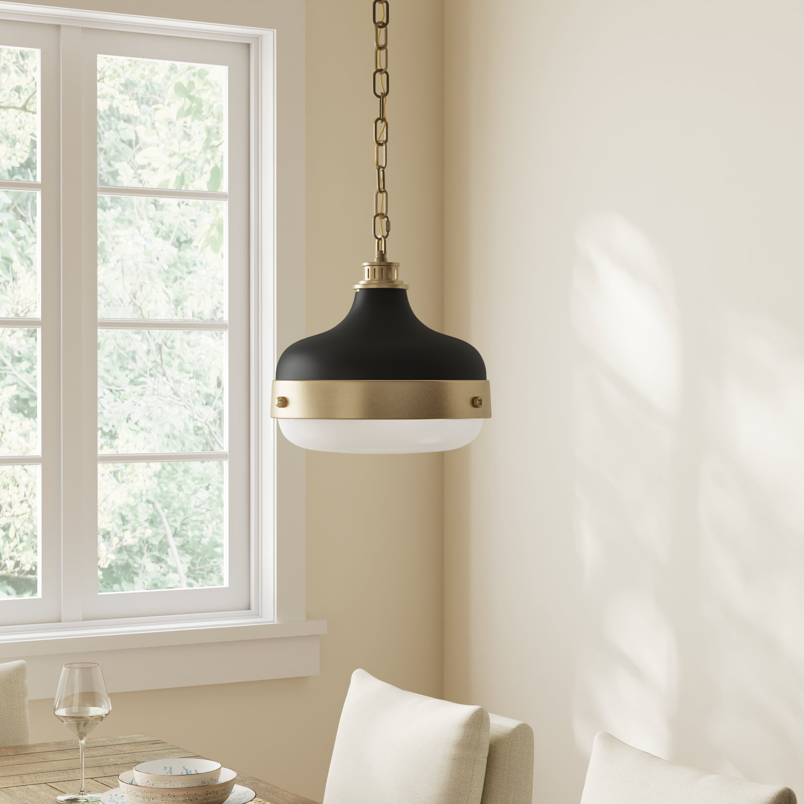 Tulane Single Dimmable Pendant, Dark Antique Brass / Matte Black, 13.125" H x 13" W x 13" D