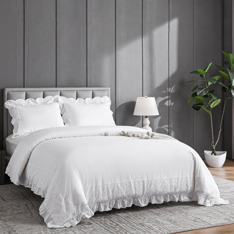 Cotton Percale Eyelet Ruffled Shabby Chic Duvet Cover Set, King Duvet Cover + 2 King Shams