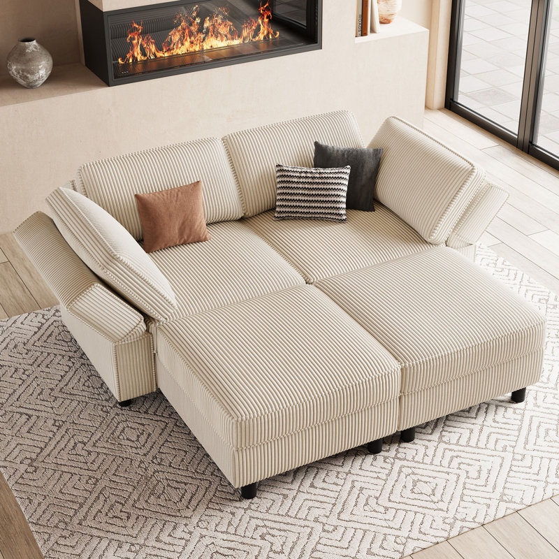 Canapé modulaire avec deux repose-pieds, Velours côtelé beige