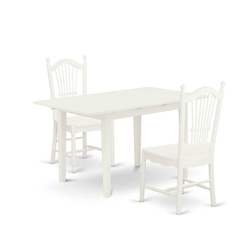 3 Piece Dining Set Contains a Rectangle Dining Room Table with Butterfly Leaf and 2 Kitchen Chairs, Linen White