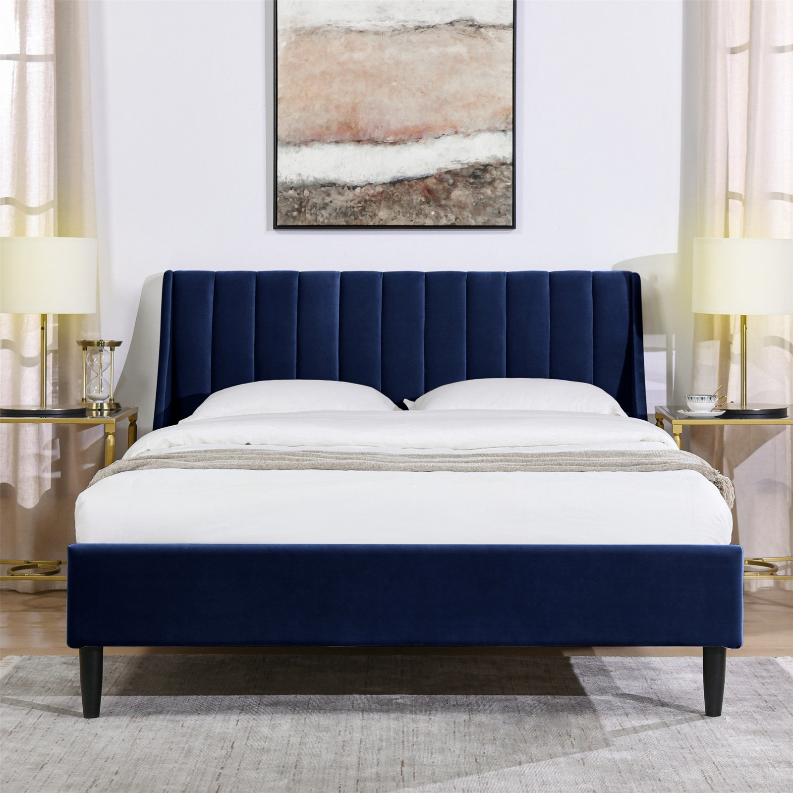 Helaina Velvet Upholstered Wingback Bed, Queen, Navy Blue Velvet