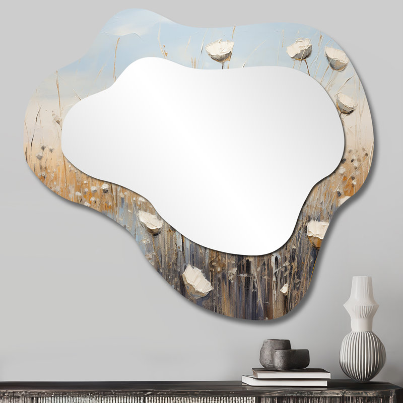Minimalism Wildflower Wonderland II - Meadow Asymmetrical Unique Wall Mirror, Traditional Cloud Mirror, Printed Metal Art