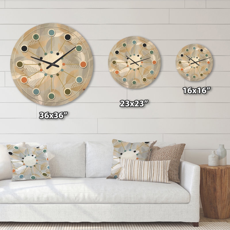 Horloge murale Mid-Century moderne en bois - Motif géométrique luxueux de feuilles d'automne, Très grand