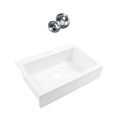 Parker White Fireclay 34"" Single Bowl Quick-Fit Farmhouse Apron Front Drop-in Kitchen Sink -  Sinkology, SK450-34FC-1-SS