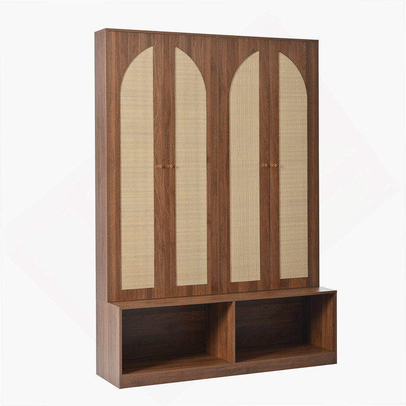 Farmhouse Widen Hall Tree with 4 Rattan Doors, Versatile 4-In-1 Seating Bench with 6 Hooks, Mid-Century Entryway Shoe Cabinet with Adjustable Shelf for Living Room, Walnut, 55.1"W