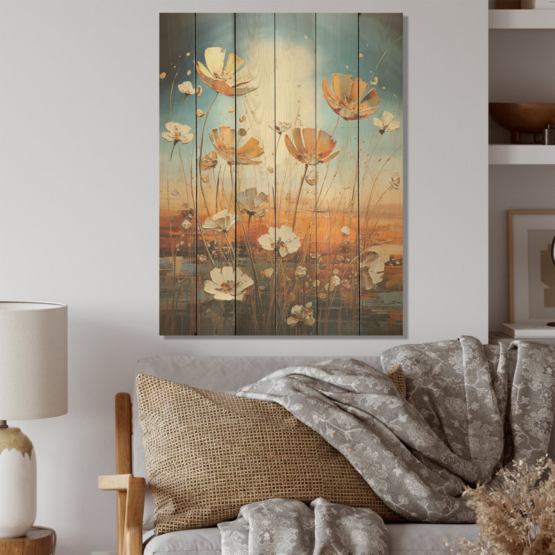 Serene Sunner Flowers Field I - Fleur, art mural sur bois de pin naturel, H 20 po x l 10 po