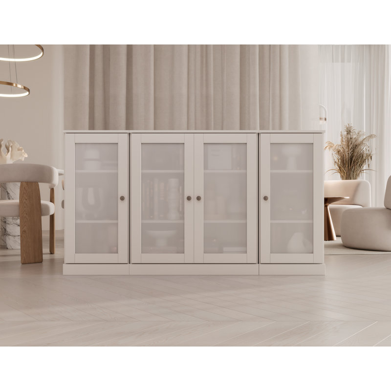 100% Solid Wood 65" Sideboard with Frosted Glass Doors and Adjustable Shelves, White