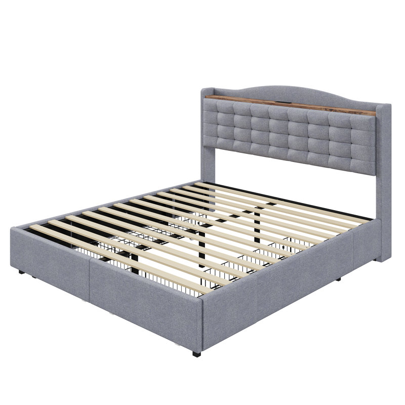 Baun Upholstered Storage Bed, Blue / White / Grey, European Double (140 x 200cm)