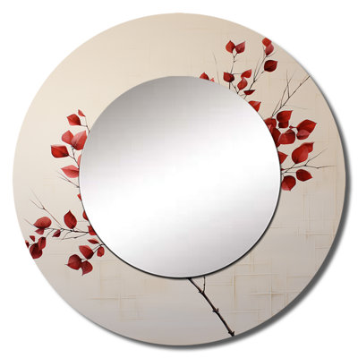 Minimalist Garnet Grace Leafy Dreamscape I - Leaves Unique Wall Mirror, Red Round Mirror, Printed Metal Art