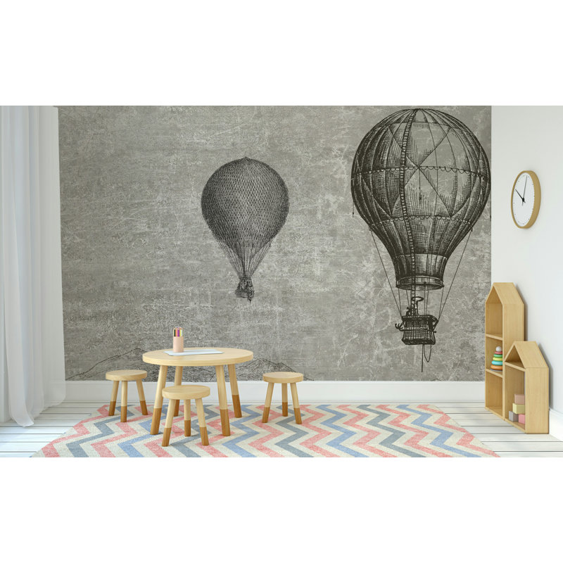 Papier peint rétro gris avec montgolfière, L 37 po x l 56 po
