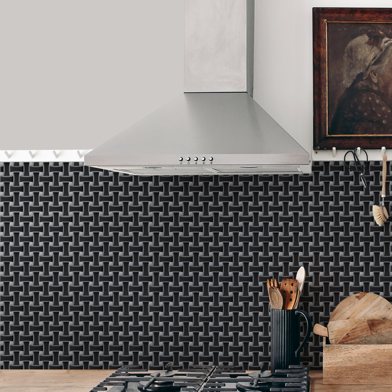 Metro Dog Bone Basketweave 0.92 In. X 2.26 In. Porcelain Basketweave Mosaic Wall Tile, Matte Black w/Glass Silver Dot