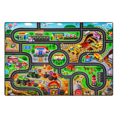 Kids Monster Truck Play Rug 3x5 Ft, Off Road Car Carpet with 0.4" Thick Cushion, Non-Slip Educational Floor Mat for Playroom Bedroom