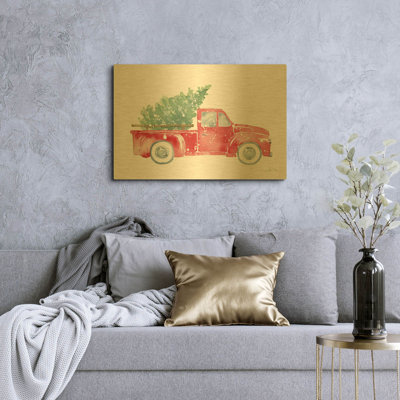 «Christmas Truck» par Katrina Pete, art mural en métal doré, 36 po x 24 po
