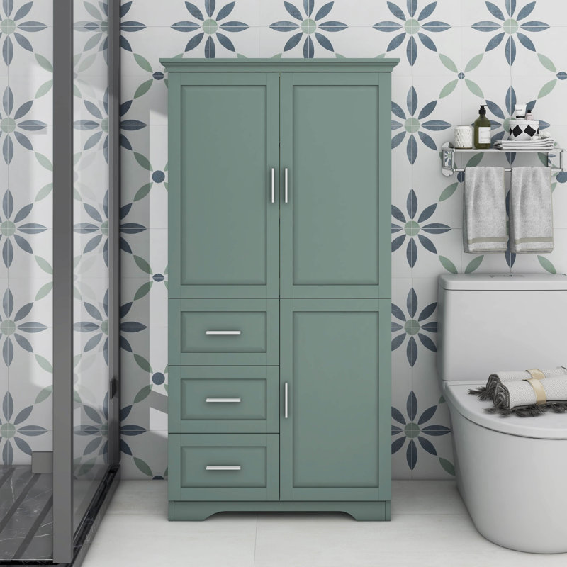 Tall And Wide Storage Cabinet With Doors, Three Drawers, Gray