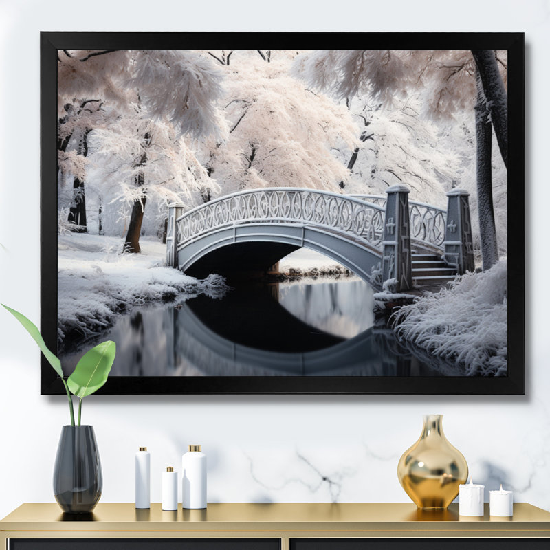 Pont blanc en hiver II - reproduction sur toile, Cadre simple noir, H 12 po x l 20 po x P 1 po