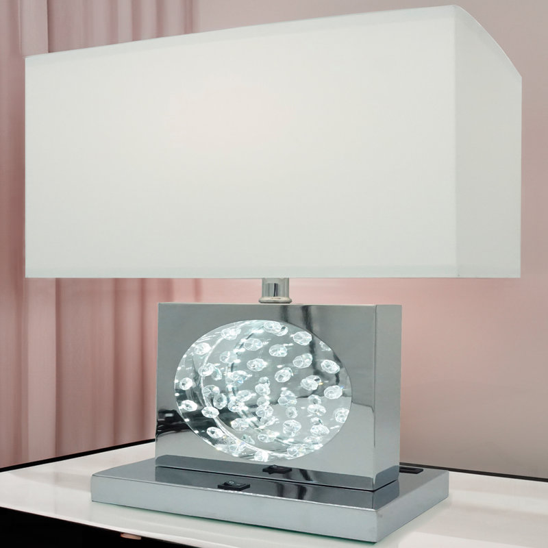 Lampe de table d'appoint en cristal de luxe avec base en nickel, lumière DEL, commande tactile, abat-jour rectangulaire