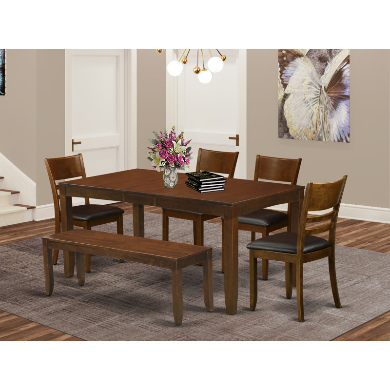 6 Piece Dining Table Set Contains a Rectangle Dinner Table with Butterfly Leaf and 4 Faux Leather Dining Room Chairs with a Bench, 36x66 Inch, Espresso