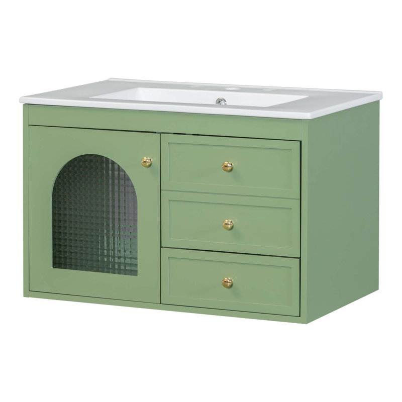Élégant meuble-lavabo flottant avec lavabo, 1 porte et 2 tiroirs